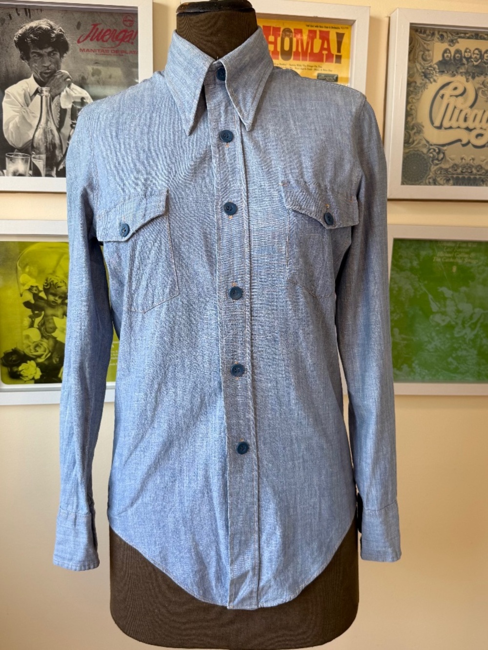 Vintage 70s Chambray Button Up Shirt • Retro Mod Collared Top • Western Rodeo